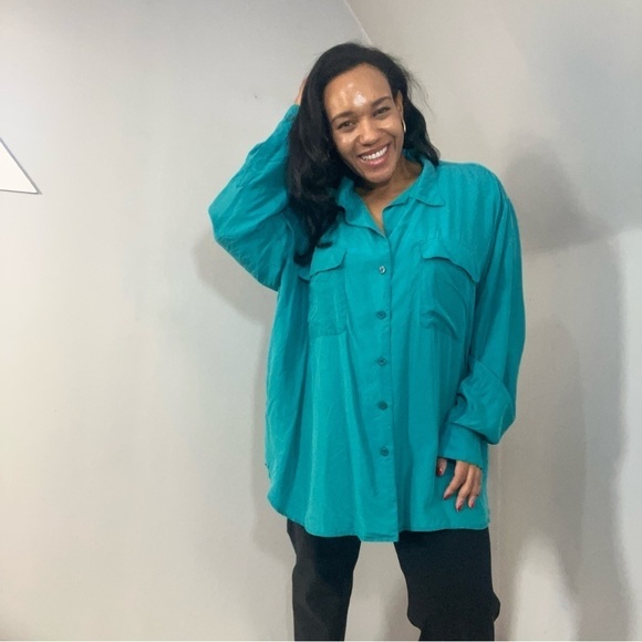 Vintage Silk Plus Size Blouse Teal Blue Button Top Career Business Office Jewel - Picture 8 of 11